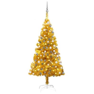 Künstlicher Weihnachtsbaum mit LEDs & Kugeln Golden 150 cm PET