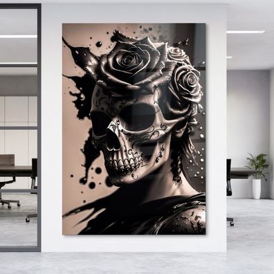 Wandbild Modern Art Totenkopf und Rose Acrylglas + Aluminium , Leinwand , Poster