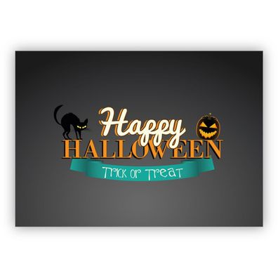 4x Gruselige Halloweenkarte mit schwarzen Katzen: Happy Halloween Trick or Treat