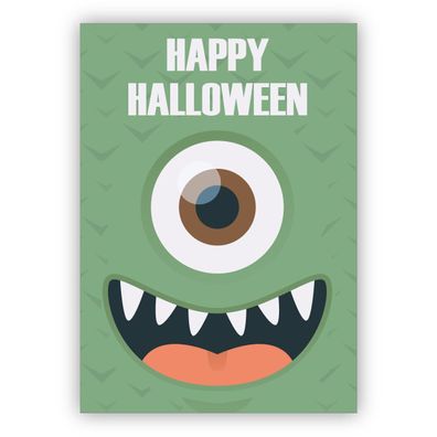 Lustige Monster Halloweenkarte mit großem grünen Monster: Happy Halloween