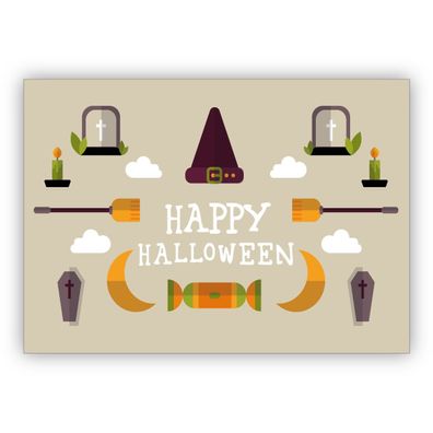 4x Coole Halloweenkarte beige mit Sarg, Hexenhut und Besen: Happy Halloween