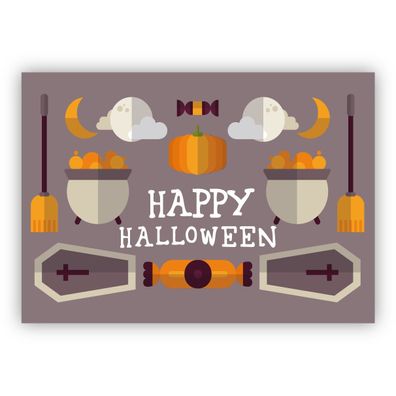 4x Coole Halloweenkarte beige mit Sarg, Hexenkessel und Kürbis: Happy Halloween