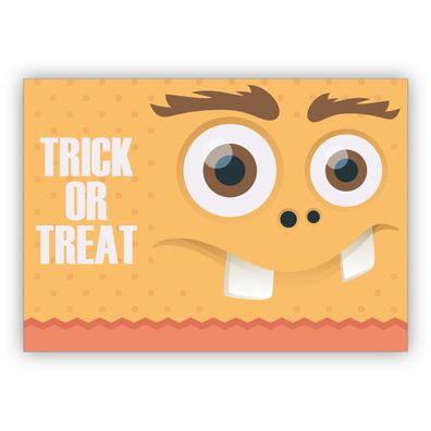 4x Lustige Halloweenkarte mit gruseligem großem Monster: Trick or Treat