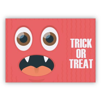 4x Lustige Halloweenkarte mit gruseligem rotem Monster: Trick or Treat