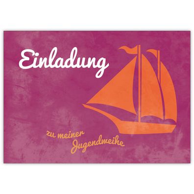 4x Schöne Einladungskarte zur Jugendweihe mit Segelboot auf rosa: Einladung zu meiner