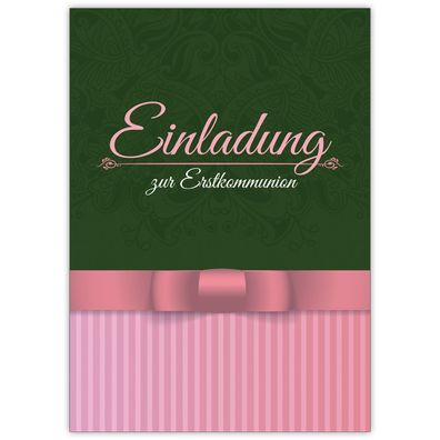 Klassische elegante Einladung zur Erstkommunion in grün, rosa