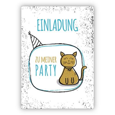 4x Coole Party Einladungskarte mit Katze, hellblau: Einladung zu meiner Party