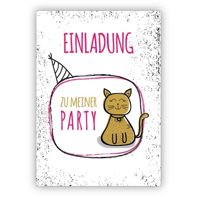 4x Coole Party Einladungskarte mit Katze, rosa: Einladung zu meiner Party
