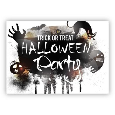 4x coole Halloween Einladungskarte Trick or Treat, mit Katzen und Geistern: Halloween