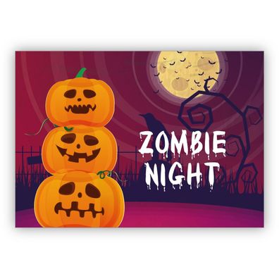 4x Gruselige schöne Halloween Einladungskarte mit Kürbis und Mond: Zombie Night