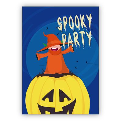 4x Lustige gruselige Halloween Einladungskarte mit Kürbis und Hexe: Spooky Party