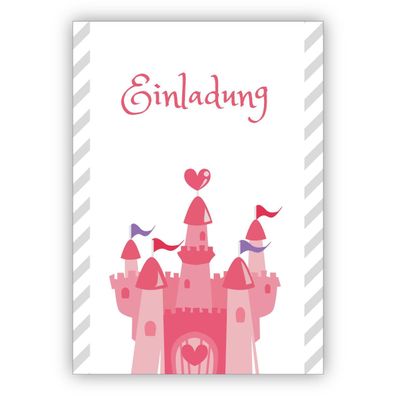 4x Süße Einladungskarte für kleine Prinzessinnen mit Herz Schloss: Einladung