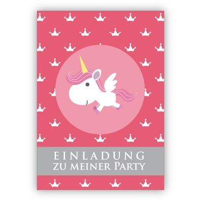 Süße rosa Einladungskarte für kleine Prinzessinnen mit Einhorn und Kronen: Einladung