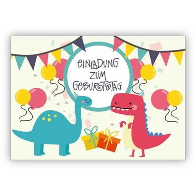 coole Einladungskarte zum Kindergeburtstag mit Dinosauriern in Party Stimmung: Einlad