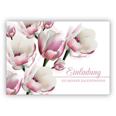 Edle leichte Einladungskarte mit üppigen Blüten: Einladung zu meiner Jugendweihe