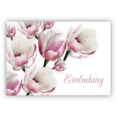 4x Zauberhafte elegante Einladungskarte mit leichten Blüten zur Hochzeit, Taufe, Dine