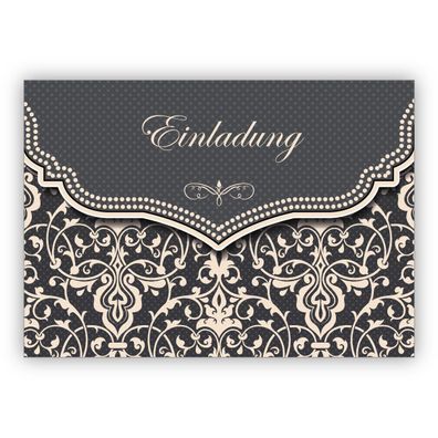 4x Edle Einladungskarte mit Vintage Damast Muster in edlem Grau zur Hochzeit, Taufe,