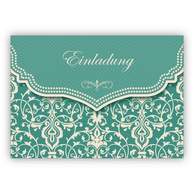 Feine Einladungskarte mit Vintage Damast Muster in edlem Hellblau Türkis zur Hochzeit
