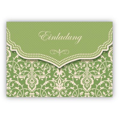 Feine Einladungskarte mit Vintage Damast Muster in zartem grün zur Hochzeit, Taufe, D