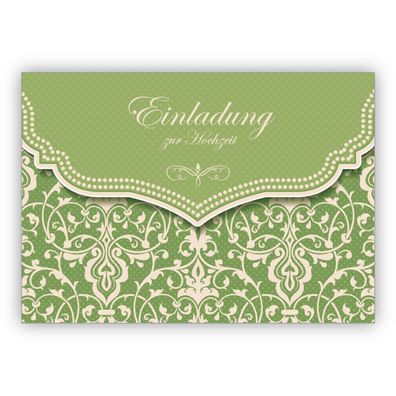 Wunderschöne Einladungskarte mit Vintage Damast Muster in hoffnungs frohem grün für B