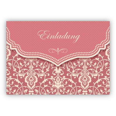 Schöne Vintage Einladungskarte mit Retro Damast Muster in alt rosa zur Hochzeit, Tauf