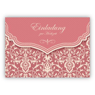 Feine Vintage Einladungskarte mit Retro Damast Muster in zartem alt rosa für Brautpaa