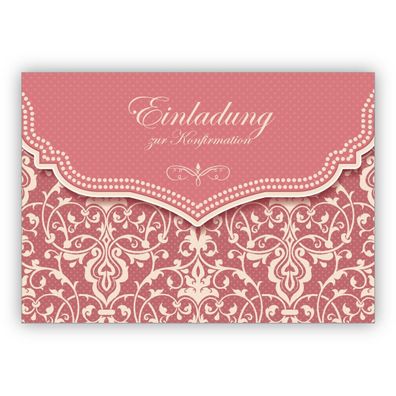 4x Elegante Vintage Einladungskarte mit Retro Damast Muster in zartem alt rosa für ju