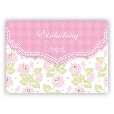 Schöne Einladungskarte mit zartem Blüten Muster in rosa zur Hochzeit, Taufe, Diner et