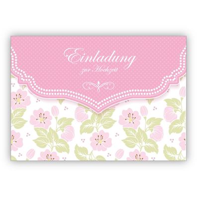 4x Schöne Einladungskarte mit zartem Blüten Muster in ros für Brautpaare: Einladung z