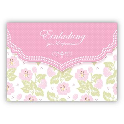 4x Schöne Einladungskarte mit zartem Blüten Muster in ros für Mädchen: Einladung zur