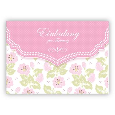 Schöne Einladungskarte mit zartem Blüten Muster in rosa für Mädchen: Einladung zur Fi