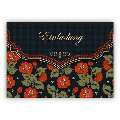 4x Schicke Einladungskarte mit schönem Blumen Muster in orange schwarz zur Hochzeit,
