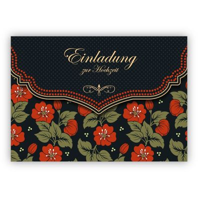 4x Schicke Einladungskarte mit schönem Blumen Muster in orange schwarz für Brautpaare