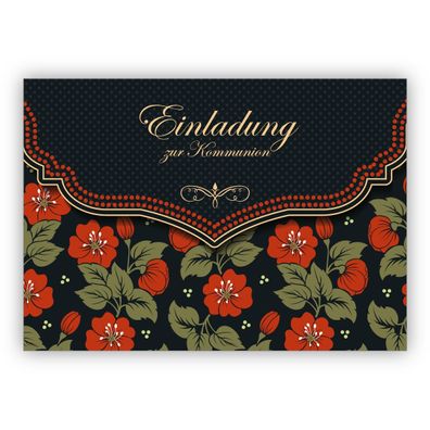 4x Schicke Einladungskarte mit schönem Blumen Muster in orange schwarz für Mädchen: E