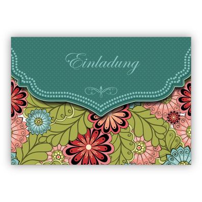 Edle Einladungskarte mit modernem Blumen Muster in grün zur Hochzeit, Taufe, Diner et