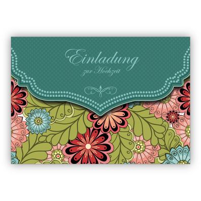 4x Edle Einladungskarte mit modernem Blumen Muster in grün für Brautpaare: Einladung