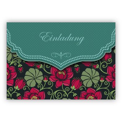 Traumhafte Retro Einladungskarte mit Vintage Seerosen Muster in grün zur Hochzeit, Ta