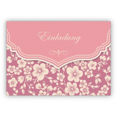 4x Wunderbare Vintage Einladungskarte mit Retro Kirschblüten Muster in rosa zur Hochz