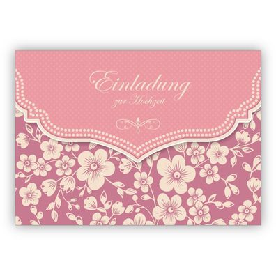 4x Wunderbare Vintage Einladungskarte mit Retro Kirschblüten Muster in rosa für Braut