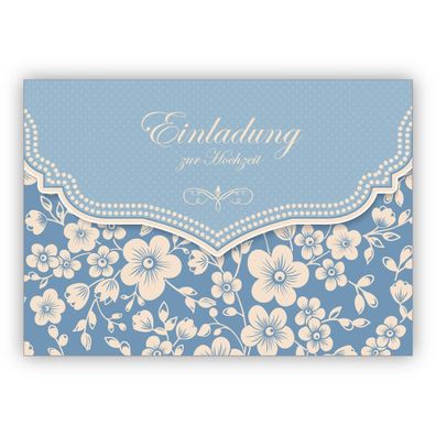 4x Schöne Hochzeits Einladungskarte mit Retro Kirschblüten Muster für Brautpaare, hel