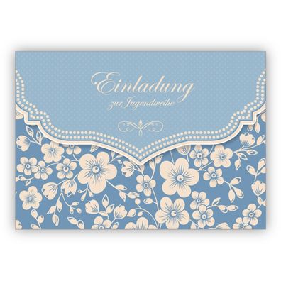 Nette Mädchen Einladungskarte mit Retro Kirschblüten Muster, hellblau: Einladung zur