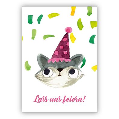 4x Fröhliche gemalte Einladungskarte mit Party Katze zum Übertritt, Einschulung, Gebu