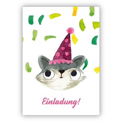 4x Süße gemalte Einladungskarte mit Party Katze zum Übertritt, Einschulung, Geburtsta