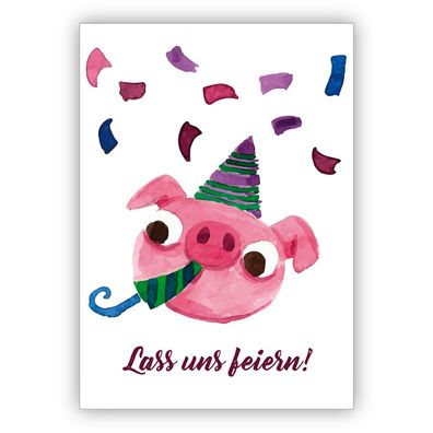 Lustige gemalte Einladungskarte mit Party Schweinchen zum Übertritt, Einschulung, Geb