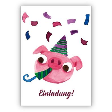 Freche gemalte Einladungskarte mit Party Schwein zum Übertritt, Einschulung, Geburtst