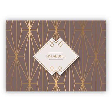 4x Feine Art Deco universal Einladungskarte mit Gold Optik in braun