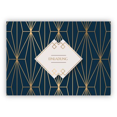 Feine Art Deco universal Einladungskarte mit Gold Optik in blau