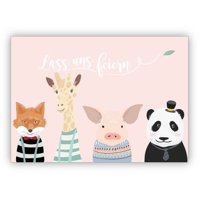 4x Schicke Kindergeburtstag Einladungskarte mit süßen Tieren, rosa für Mädchen & best