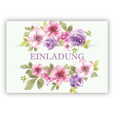 4x Elegante florale Einladungskarte mit üppigen Blumen: Einladung - zum Geburtstag, K