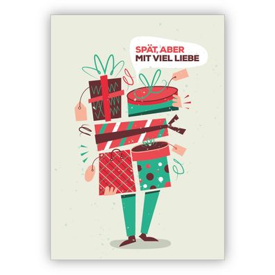4x lustige Retro Geburtstagskarte, Weihnachtskarte für Verspätete: Spät aber mit viel